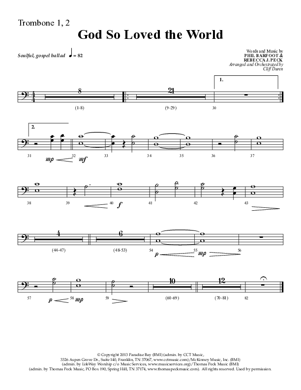 God So Loved The World (Choral Anthem SATB) Trombone 1/2 (Lifeway Choral / Arr. Cliff Duren)