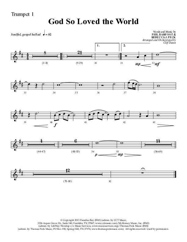 God So Loved The World (Choral Anthem SATB) Trumpet 1 (Lifeway Choral / Arr. Cliff Duren)