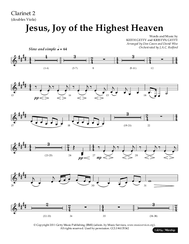 Jesus Joy Of The Highest Heaven (Choral Anthem SATB) Clarinet 1/2 (Arr. Don Cason / Arr. David Wise / Orch. J.A.C. Redford)