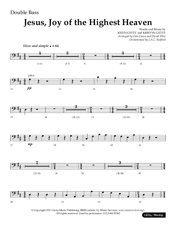 Jesus Joy Of The Highest Heaven (Choral Anthem SATB) Double Bass (Arr. Don Cason / Arr. David Wise / Orch. J.A.C. Redford)