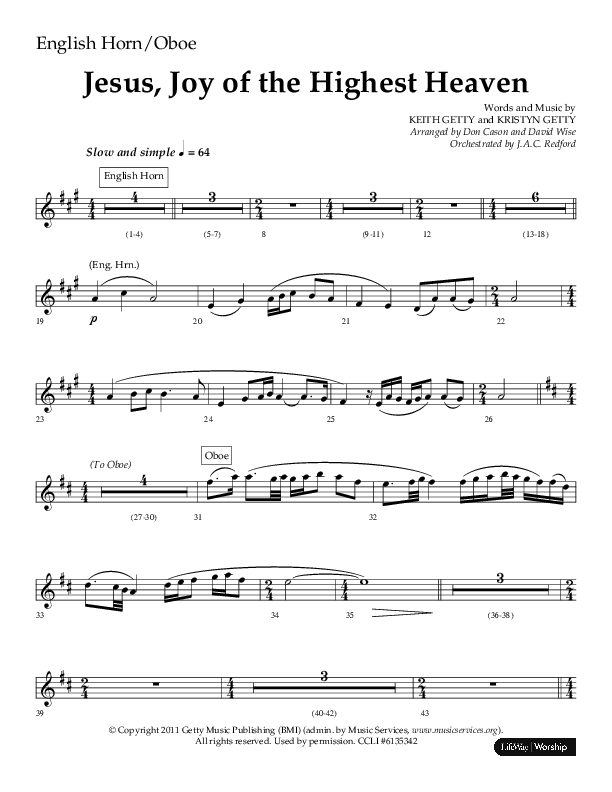 Jesus Joy Of The Highest Heaven (Choral Anthem SATB) English Horn (Arr. Don Cason / Arr. David Wise / Orch. J.A.C. Redford)