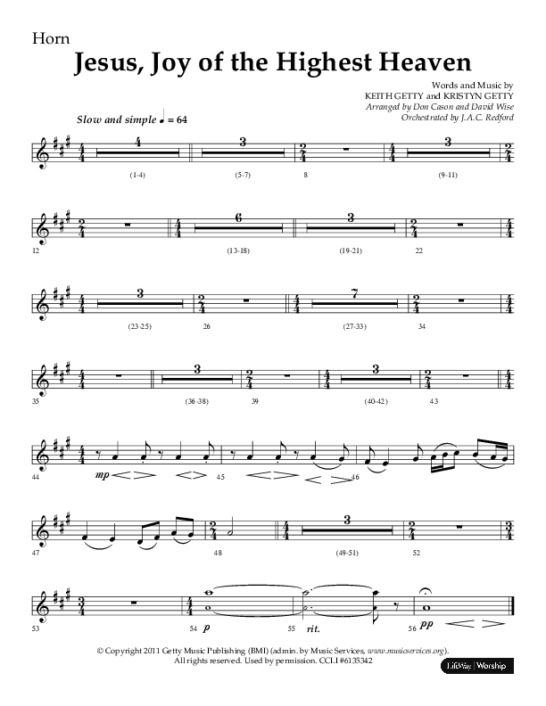Jesus Joy Of The Highest Heaven (Choral Anthem SATB) French Horn 1 (Arr. Don Cason / Arr. David Wise / Orch. J.A.C. Redford)