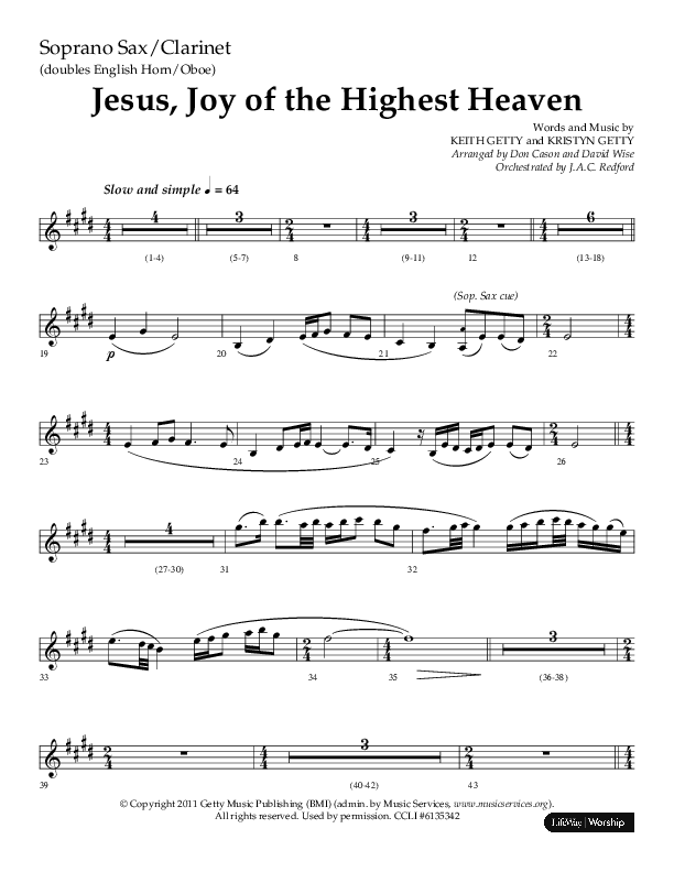 Jesus Joy Of The Highest Heaven (Choral Anthem SATB) Soprano Sax (Arr. Don Cason / Arr. David Wise / Orch. J.A.C. Redford)