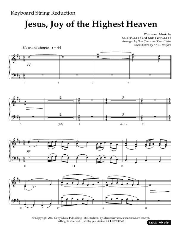Jesus Joy Of The Highest Heaven (Choral Anthem SATB) String Reduction (Arr. Don Cason / Arr. David Wise / Orch. J.A.C. Redford)