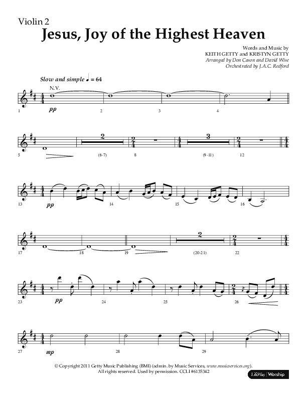 Jesus Joy Of The Highest Heaven (Choral Anthem SATB) Violin 2 (Arr. Don Cason / Arr. David Wise / Orch. J.A.C. Redford)