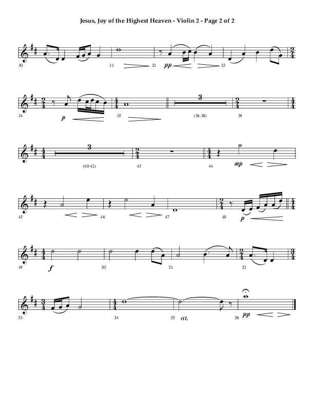 Jesus Joy Of The Highest Heaven (Choral Anthem SATB) Violin 2 (Arr. Don Cason / Arr. David Wise / Orch. J.A.C. Redford)