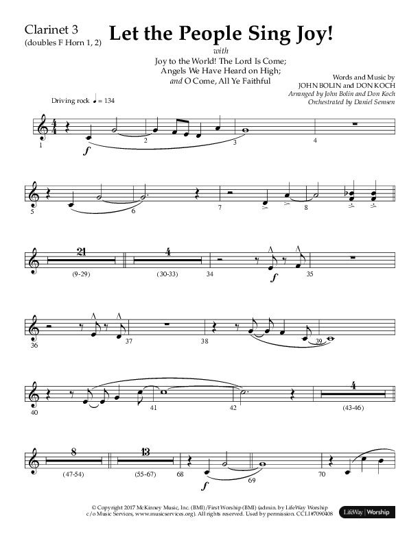 Let The People Sing Joy (Choral Anthem SATB) Clarinet 3 (Arr. John Bolin / Arr. Don Koch / Orch. Daniel Semsen)