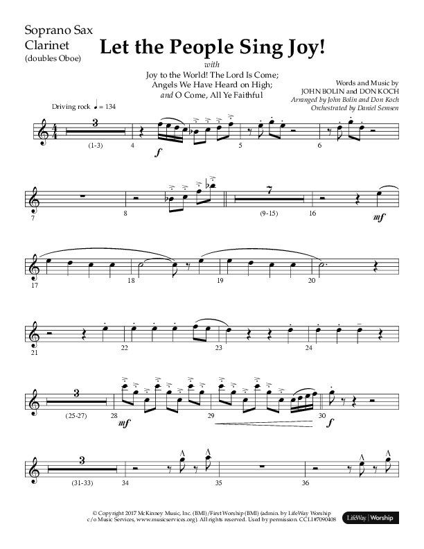Let The People Sing Joy (Choral Anthem SATB) Soprano Sax (Arr. John Bolin / Arr. Don Koch / Orch. Daniel Semsen)