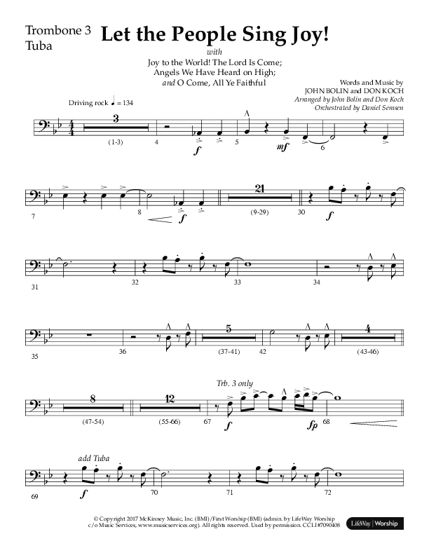 Let The People Sing Joy (Choral Anthem SATB) Trombone 3/Tuba (Arr. John Bolin / Arr. Don Koch / Orch. Daniel Semsen)
