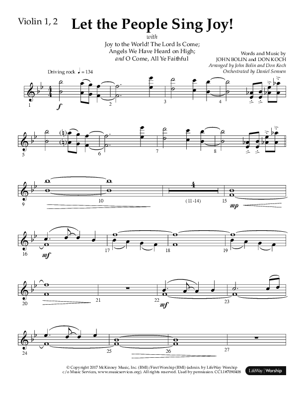 Let The People Sing Joy (Choral Anthem SATB) Violin 1/2 (Arr. John Bolin / Arr. Don Koch / Orch. Daniel Semsen)