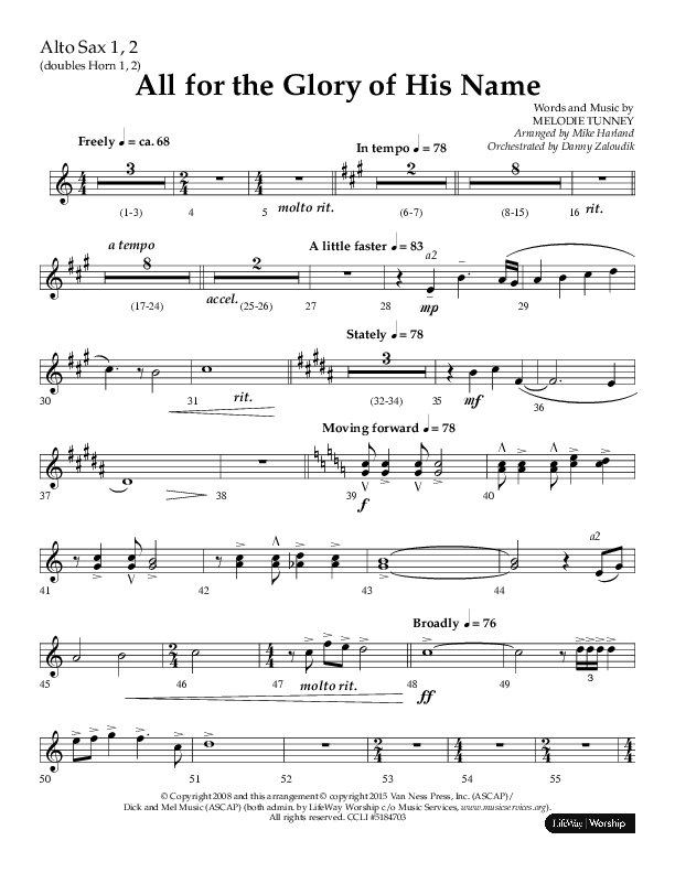 All For The Glory Of His Name (Choral Anthem SATB) Alto Sax 1/2 (Lifeway Choral / Arr. Mike Harland)