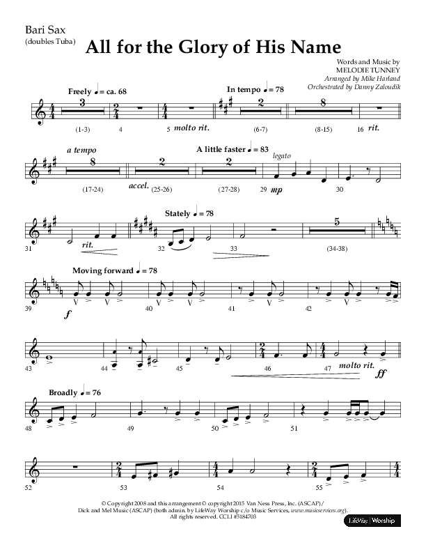 All For The Glory Of His Name (Choral Anthem SATB) Bari Sax (Lifeway Choral / Arr. Mike Harland)