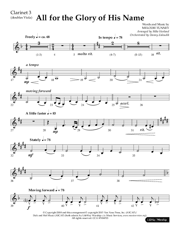 All For The Glory Of His Name (Choral Anthem SATB) Clarinet 3 (Lifeway Choral / Arr. Mike Harland)