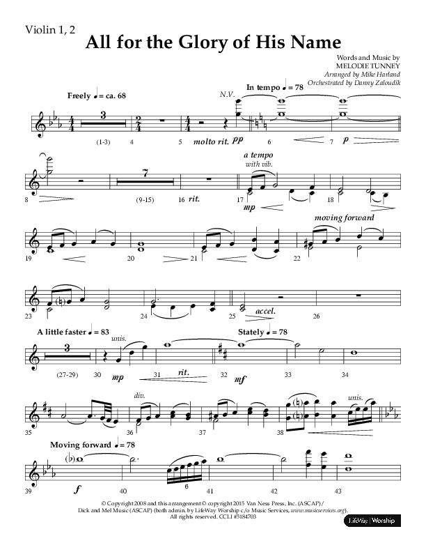 All For The Glory Of His Name (Choral Anthem SATB) Violin 1/2 (Lifeway Choral / Arr. Mike Harland)