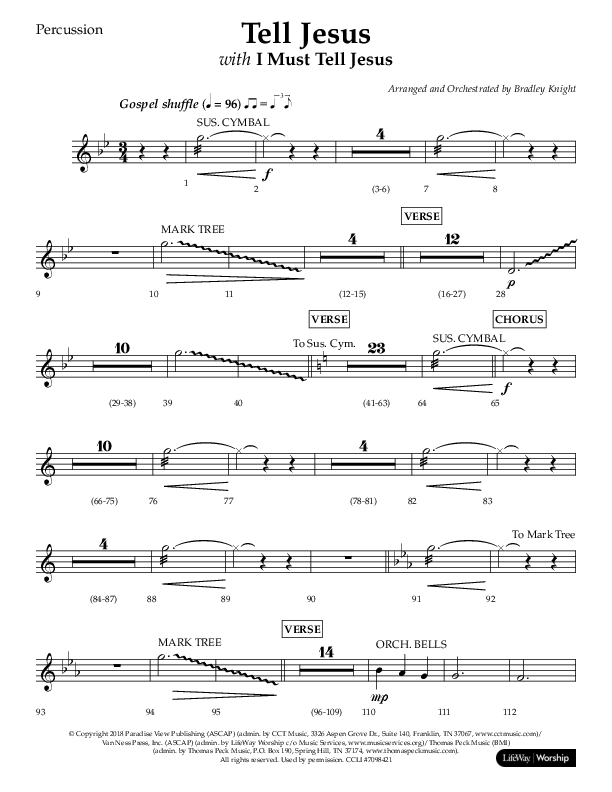 Tell Jesus (with I Must Tell Jesus) (Choral Anthem SATB) Percussion (Lifeway Choral / Arr. Bradley Knight)