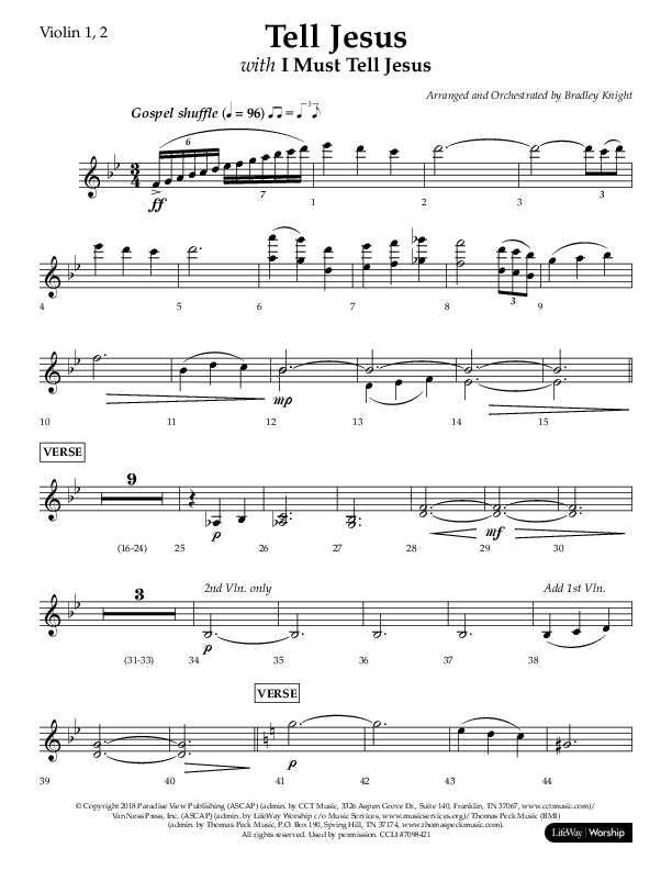 Tell Jesus (with I Must Tell Jesus) (Choral Anthem SATB) Violin 1/2 (Lifeway Choral / Arr. Bradley Knight)