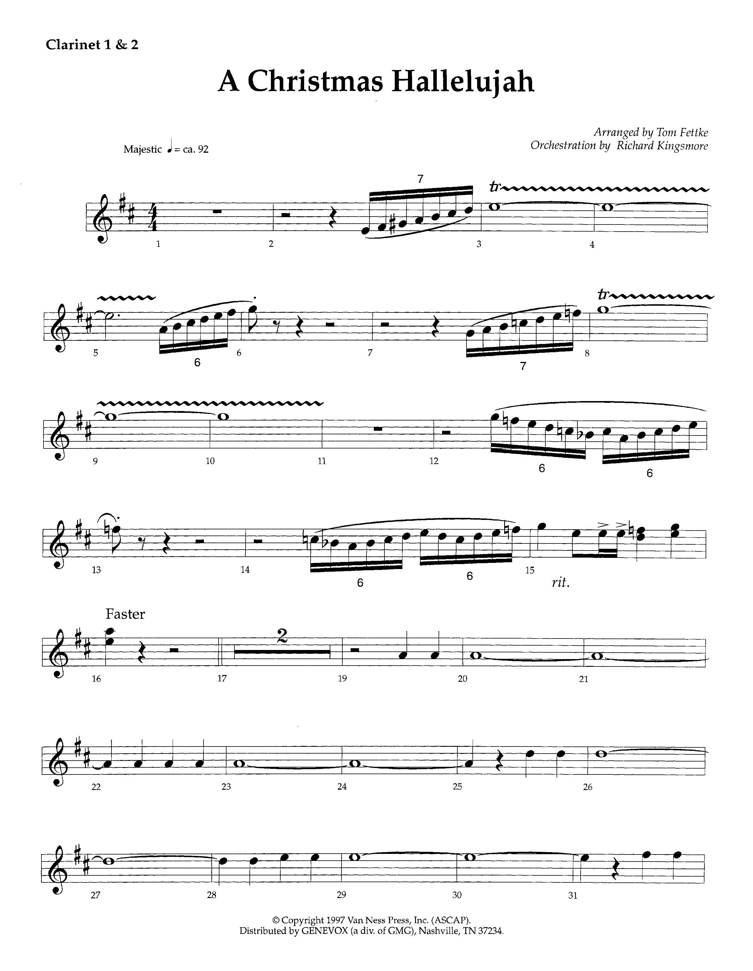 A Christmas Hallelujah (Instrumental) Clarinet 1/2 (Lifeway Worship / Orch. Richard Kingsmore / Arr. Tom Fettke)