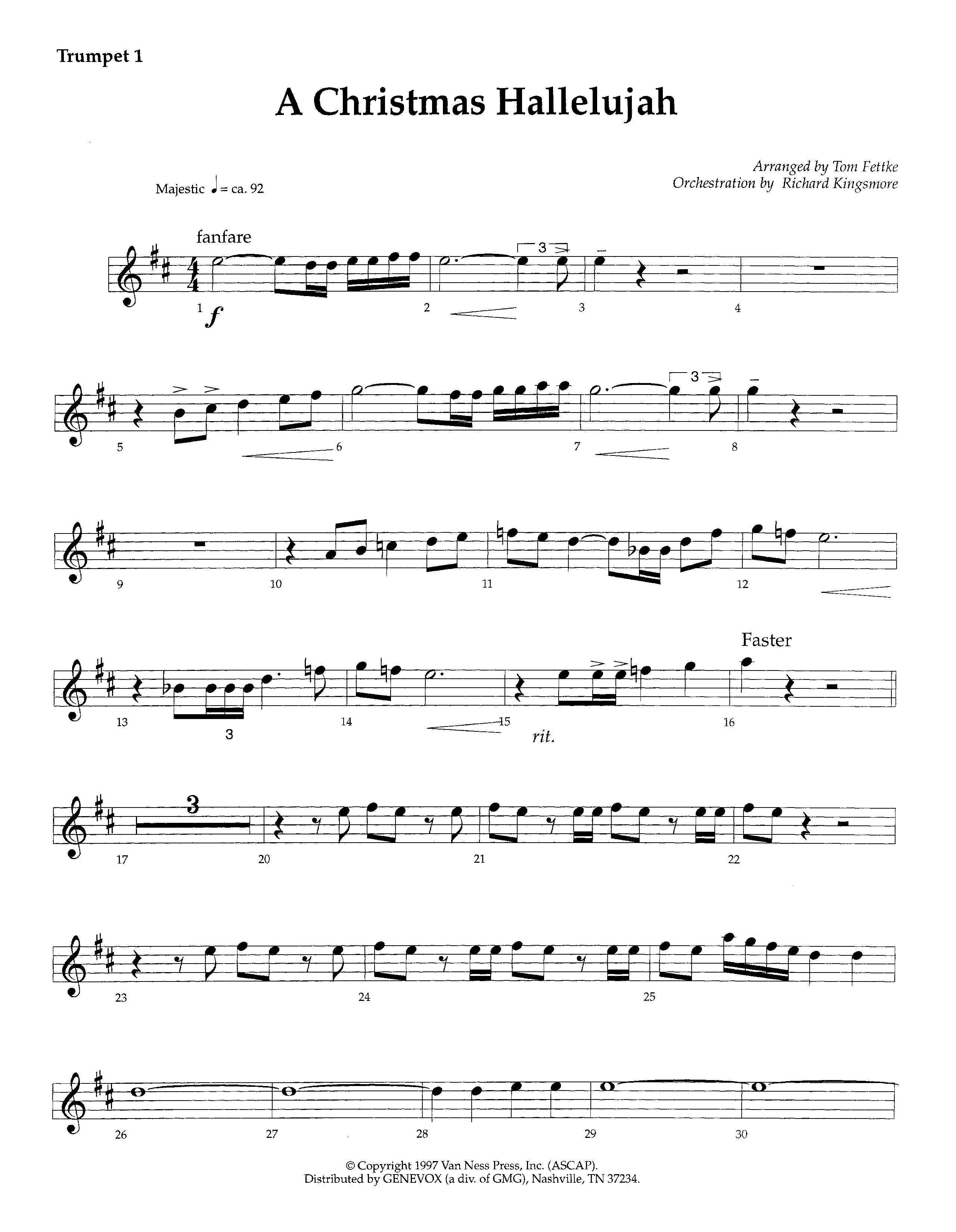 A Christmas Hallelujah (Instrumental) Trumpet 1 (Lifeway Worship / Orch. Richard Kingsmore / Arr. Tom Fettke)