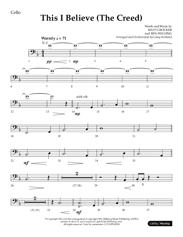 This I Believe (The Creed) (Choral Anthem SATB) Cello (Lifeway Choral / Arr. Camp Kirkland)