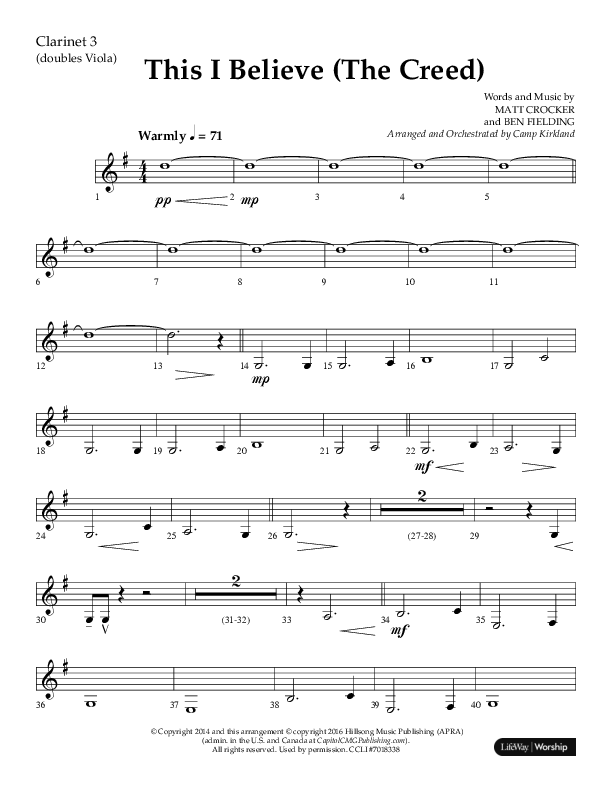 This I Believe (The Creed) (Choral Anthem SATB) Clarinet 3 (Lifeway Choral / Arr. Camp Kirkland)