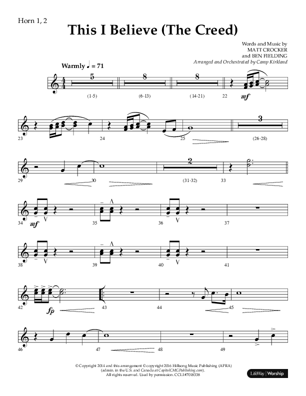 This I Believe (The Creed) (Choral Anthem SATB) French Horn 1/2 (Lifeway Choral / Arr. Camp Kirkland)