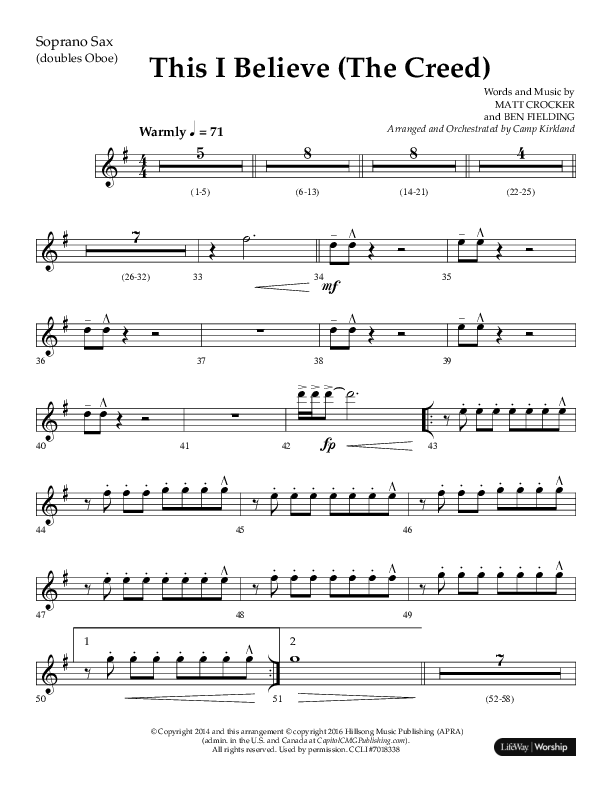This I Believe (The Creed) (Choral Anthem SATB) Soprano Sax (Lifeway Choral / Arr. Camp Kirkland)