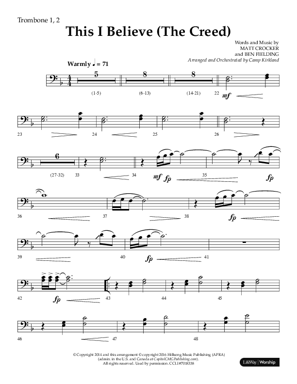 This I Believe (The Creed) (Choral Anthem SATB) Trombone 1/2 (Lifeway Choral / Arr. Camp Kirkland)