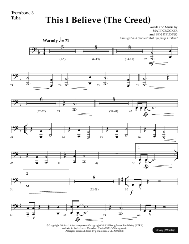 This I Believe (The Creed) (Choral Anthem SATB) Trombone 3/Tuba (Lifeway Choral / Arr. Camp Kirkland)