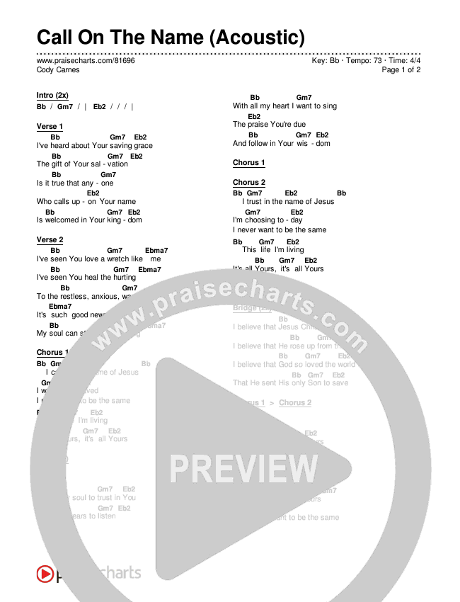 Call On The Name (Acoustic) Chords PDF (Cody Carnes) PraiseCharts
