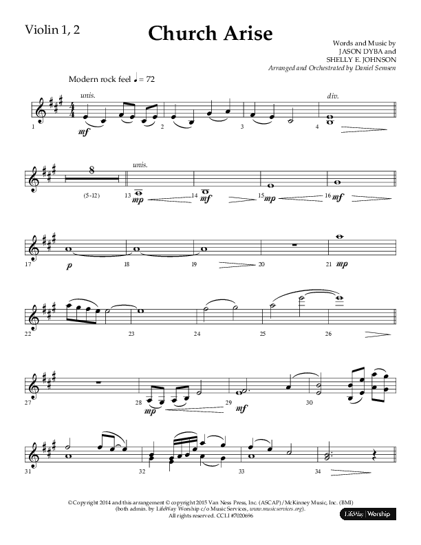 Church Arise (Choral Anthem SATB) Violin 1/2 (Lifeway Choral / Arr. Daniel Semsen)