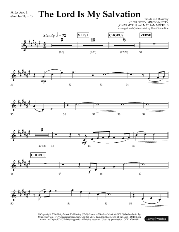 The Lord Is My Salvation (Choral Anthem SATB) Alto Sax 1/2 (Lifeway Choral / Arr. David Hamilton)