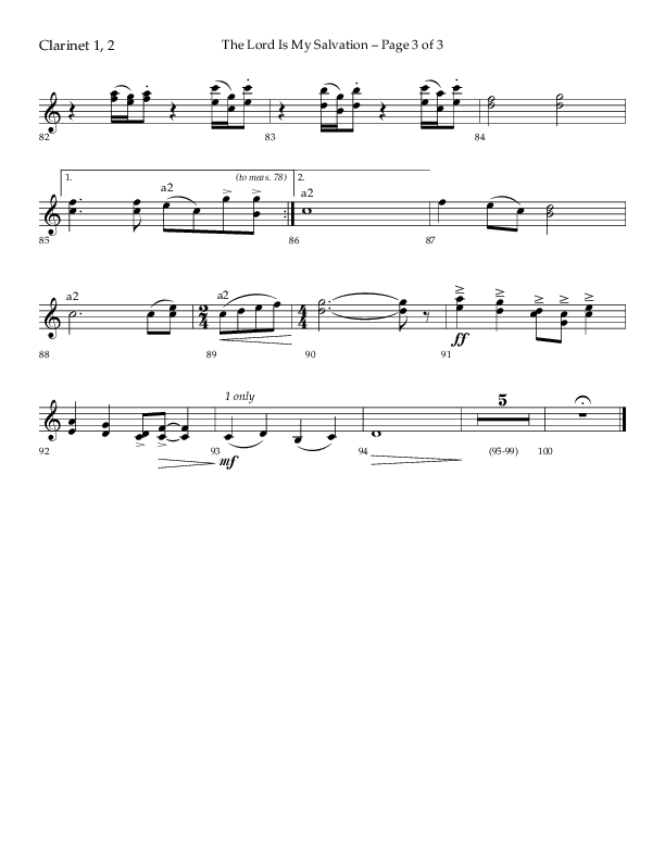 The Lord Is My Salvation (Choral Anthem SATB) Clarinet 1/2 (Lifeway Choral / Arr. David Hamilton)