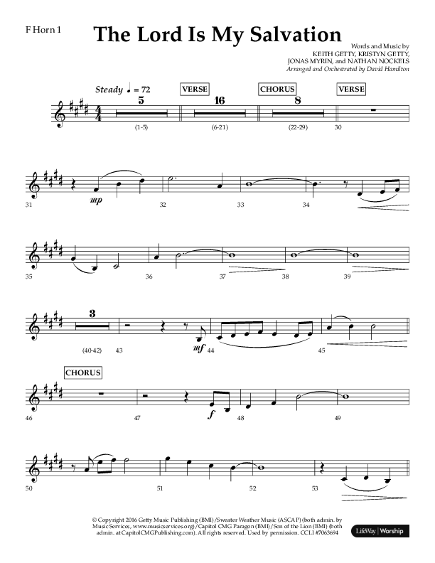 The Lord Is My Salvation (Choral Anthem SATB) French Horn 1 (Lifeway Choral / Arr. David Hamilton)