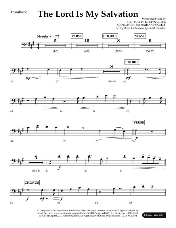 The Lord Is My Salvation (Choral Anthem SATB) Trombone 1 (Lifeway Choral / Arr. David Hamilton)