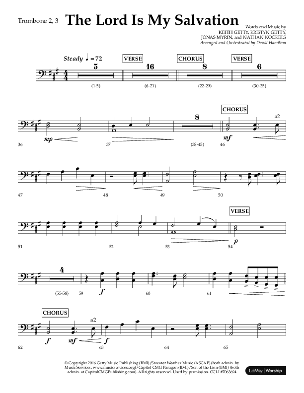 The Lord Is My Salvation (Choral Anthem SATB) Trombone 2 (Lifeway Choral / Arr. David Hamilton)