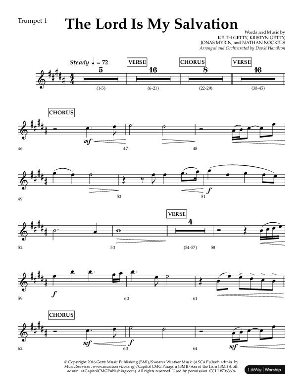 The Lord Is My Salvation (Choral Anthem SATB) Trumpet 1 (Lifeway Choral / Arr. David Hamilton)