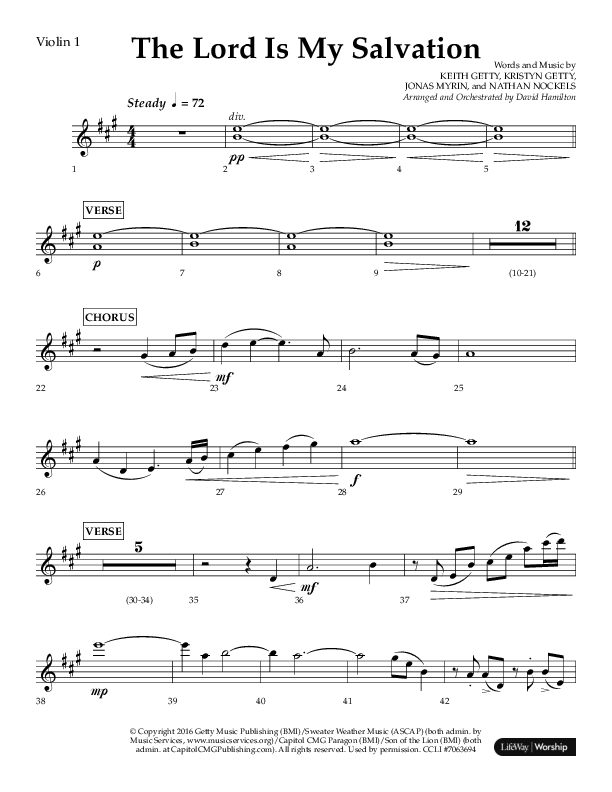The Lord Is My Salvation (Choral Anthem SATB) Violin 1 (Lifeway Choral / Arr. David Hamilton)