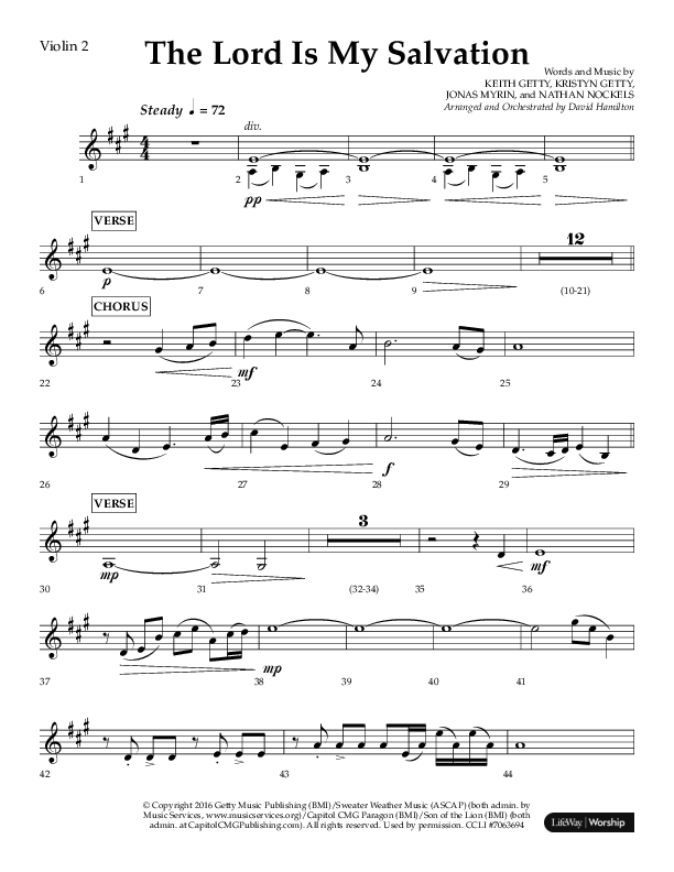 The Lord Is My Salvation (Choral Anthem SATB) Violin 2 (Lifeway Choral / Arr. David Hamilton)