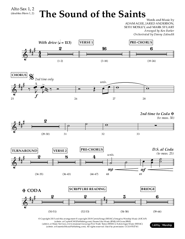 The Sound Of The Saints (Choral Anthem SATB) Alto Sax 1/2 (Arr. Ken Barker / Orch. Danny Zaloudik / Lifeway Choral)