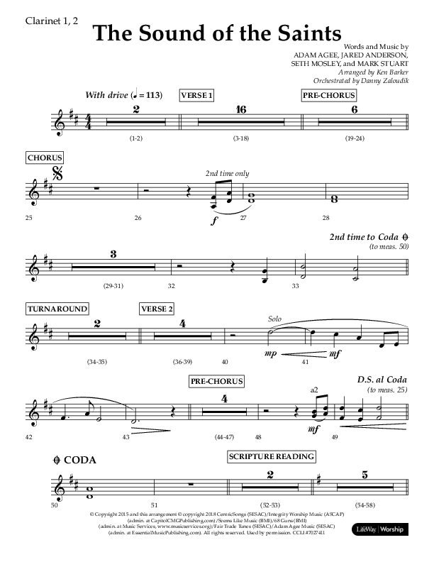 The Sound Of The Saints (Choral Anthem SATB) Clarinet 1/2 (Arr. Ken Barker / Orch. Danny Zaloudik / Lifeway Choral)