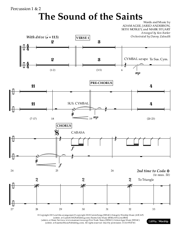 The Sound Of The Saints (Choral Anthem SATB) Percussion 1/2 (Arr. Ken Barker / Orch. Danny Zaloudik / Lifeway Choral)