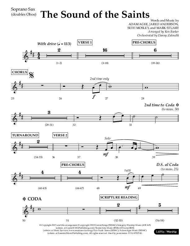 The Sound Of The Saints (Choral Anthem SATB) Soprano Sax (Arr. Ken Barker / Orch. Danny Zaloudik / Lifeway Choral)