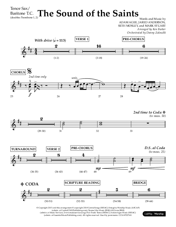 The Sound Of The Saints (Choral Anthem SATB) Tenor Sax/Baritone T.C. (Arr. Ken Barker / Orch. Danny Zaloudik / Lifeway Choral)