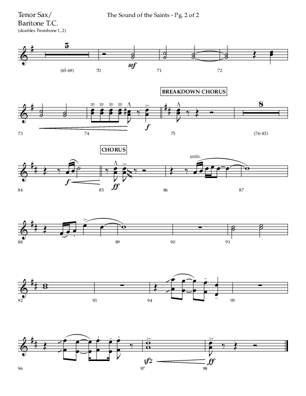 The Sound Of The Saints (Choral Anthem SATB) Tenor Sax/Baritone T.C. (Arr. Ken Barker / Orch. Danny Zaloudik / Lifeway Choral)