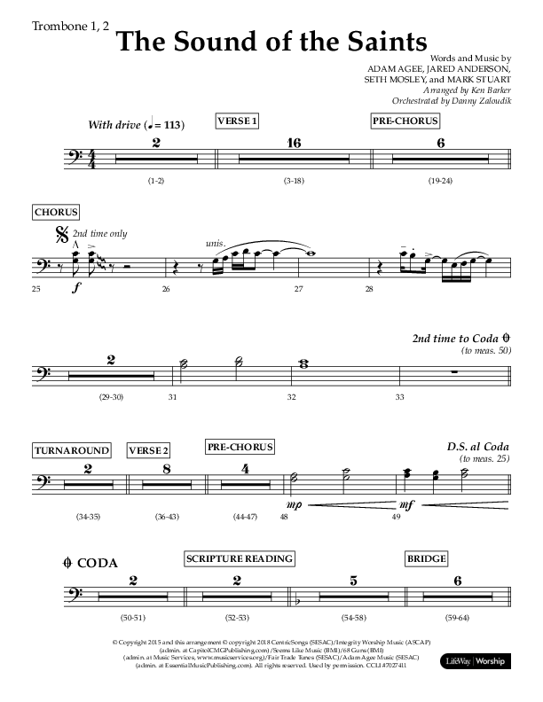 The Sound Of The Saints (Choral Anthem SATB) Trombone 1/2 (Arr. Ken Barker / Orch. Danny Zaloudik / Lifeway Choral)