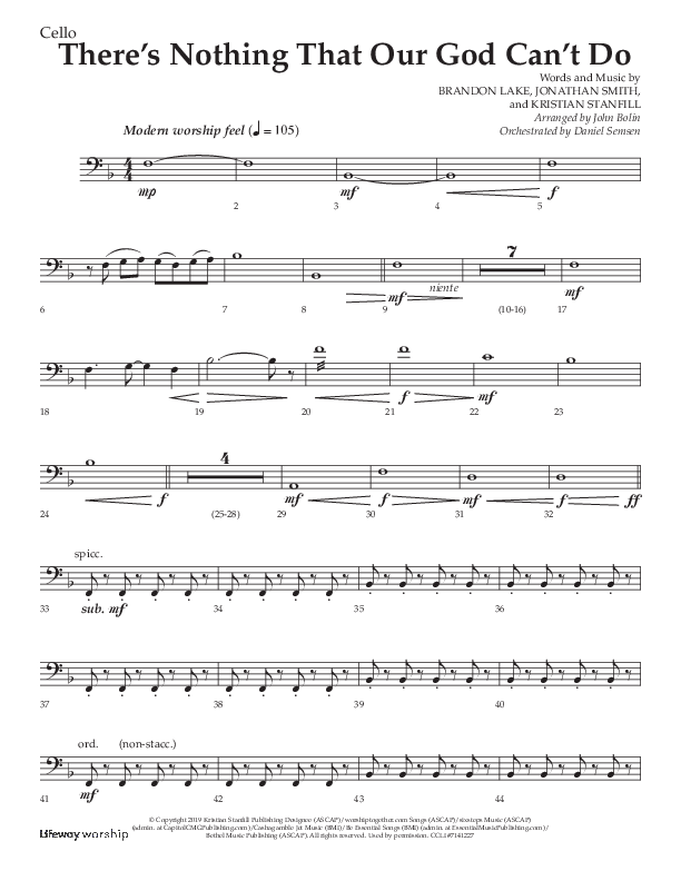 There's Nothing That Our God Can't Do (Choral Anthem SATB) Cello (Lifeway Choral / Arr. John Bolin / Orch. Daniel Semsen)