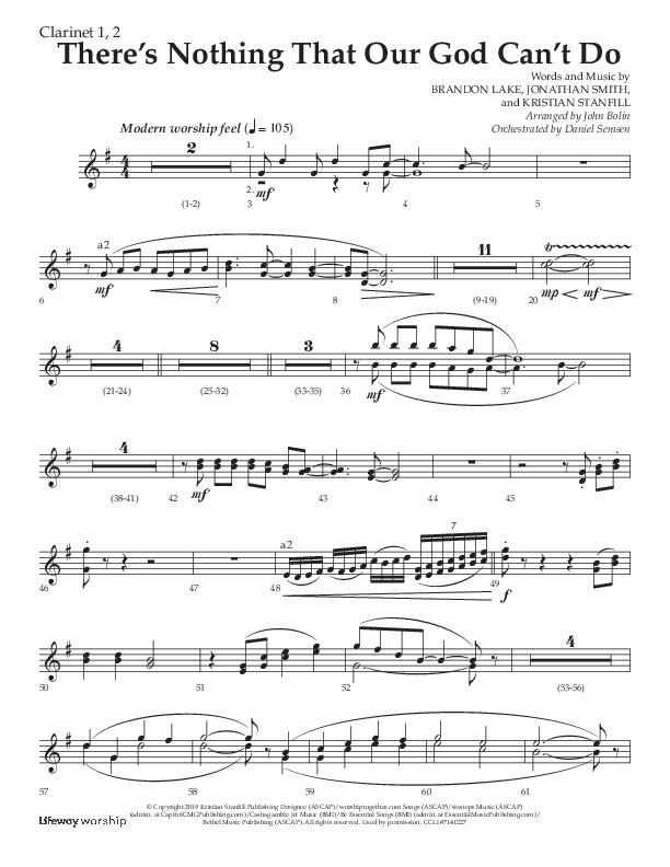 There's Nothing That Our God Can't Do (Choral Anthem SATB) Clarinet 1/2 (Lifeway Choral / Arr. John Bolin / Orch. Daniel Semsen)