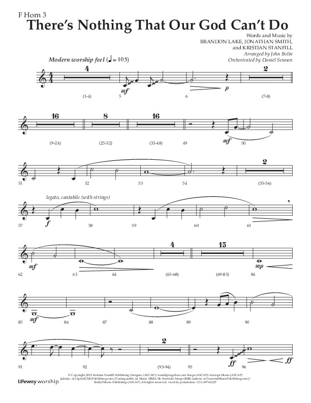 There's Nothing That Our God Can't Do (Choral Anthem SATB) French Horn 3 (Lifeway Choral / Arr. John Bolin / Orch. Daniel Semsen)