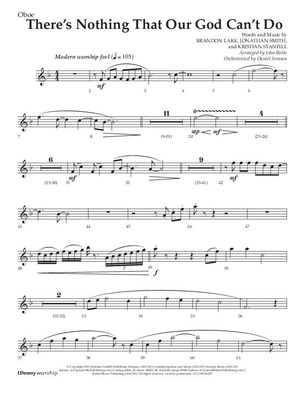 There's Nothing That Our God Can't Do (Choral Anthem SATB) Oboe (Lifeway Choral / Arr. John Bolin / Orch. Daniel Semsen)