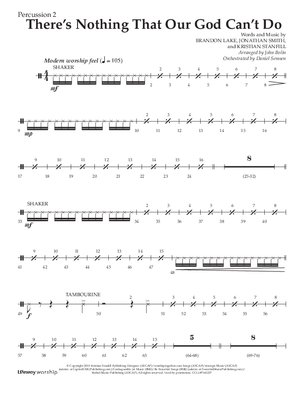 There's Nothing That Our God Can't Do (Choral Anthem SATB) Percussion 1/2 (Lifeway Choral / Arr. John Bolin / Orch. Daniel Semsen)